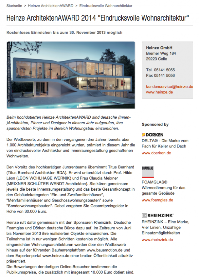 Juryvorsitz Heinze ArchitektenAWARD 2014 "Eindrucksvolle Wohnarchitektur"